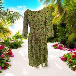 Hand Crafted Green Resort Sundress with Bishop Sleeves